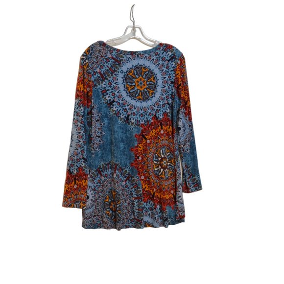 AWULIFFAN Long Sleeves Colorful Prints Pattern Long Back Stretchy Top Blouse M - Picture 2 of 4
